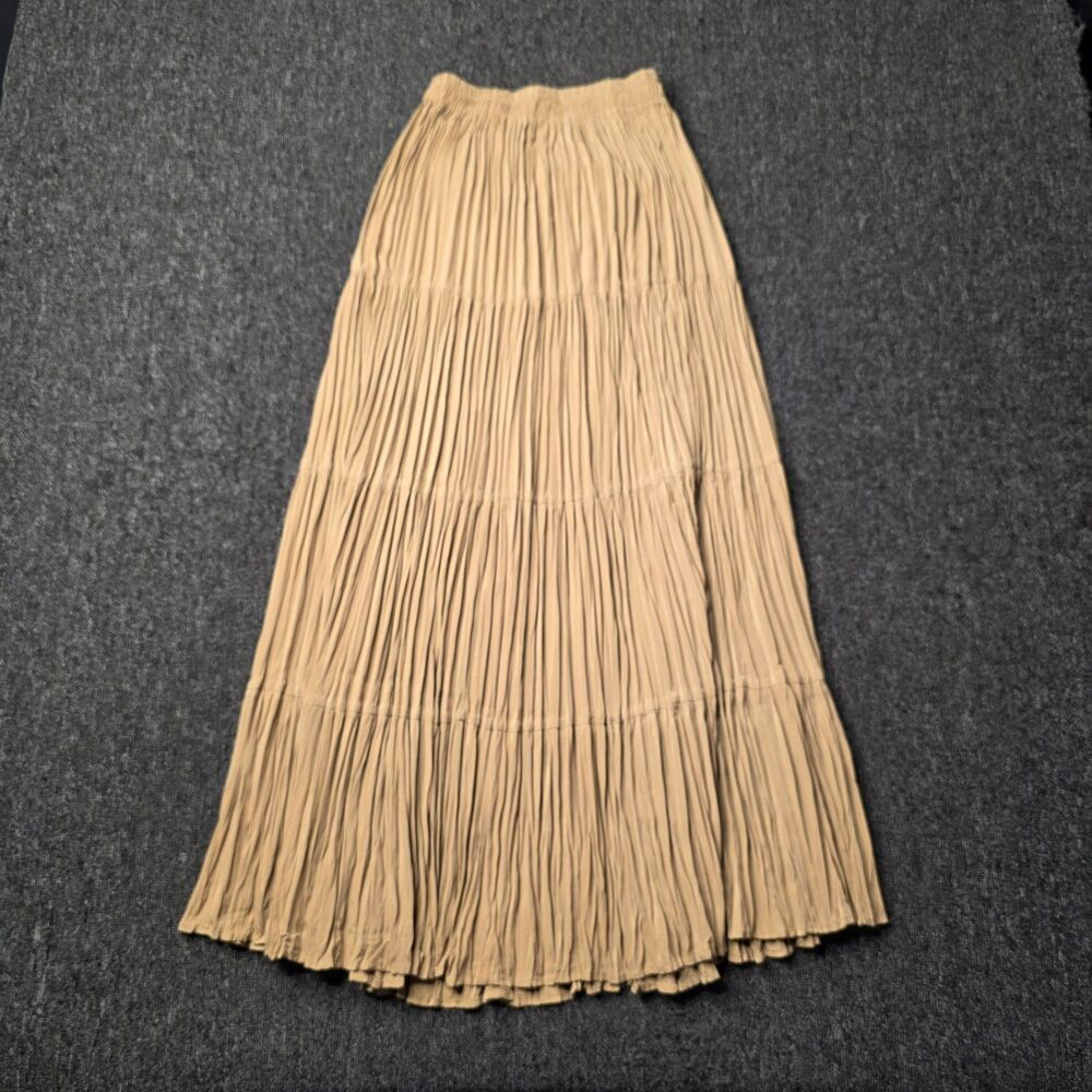 Vintage J Suzette Broomstick Maxi Skirt Womens S Tan Tiered Long Crinkle USA